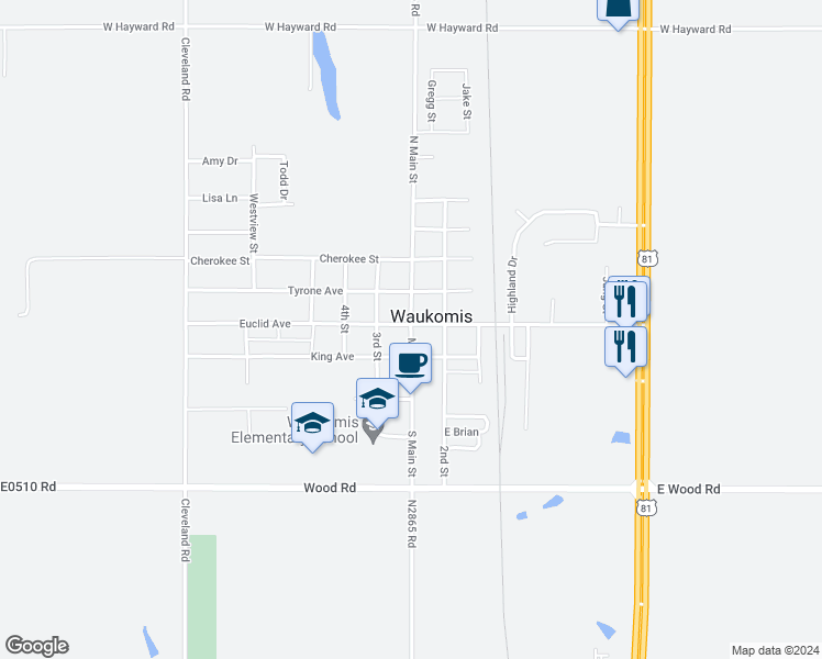 map of restaurants, bars, coffee shops, grocery stores, and more near 108 Main Street in Waukomis