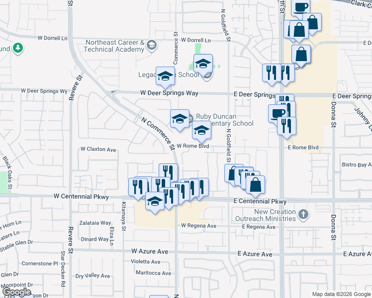 map of restaurants, bars, coffee shops, grocery stores, and more near 220 Mocha Coconut Avenue in North Las Vegas