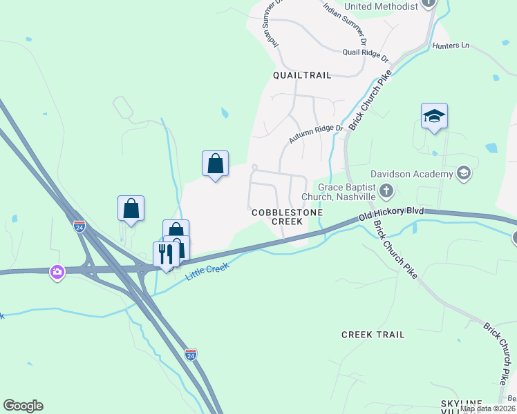 map of restaurants, bars, coffee shops, grocery stores, and more near 7585 Old Hickory Boulevard in Nashville