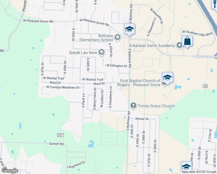 map of restaurants, bars, coffee shops, grocery stores, and more near 4177 West Drive in Rogers