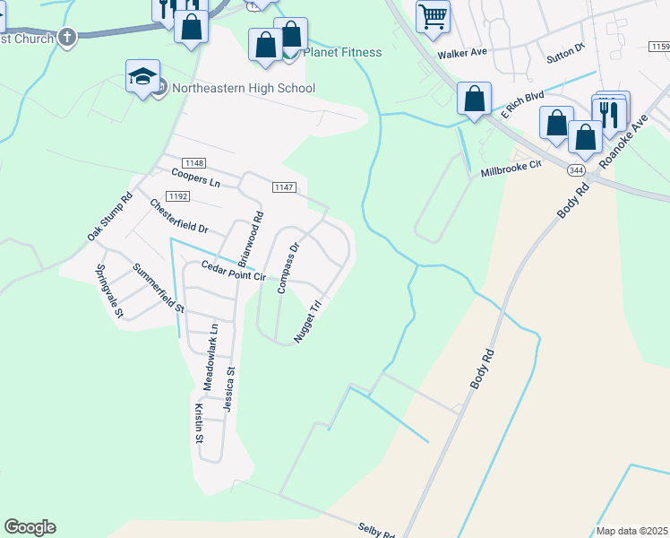 map of restaurants, bars, coffee shops, grocery stores, and more near 121 Nugget Trail in Elizabeth City