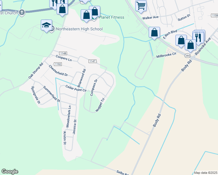 map of restaurants, bars, coffee shops, grocery stores, and more near 121 Nugget Trail in Elizabeth City