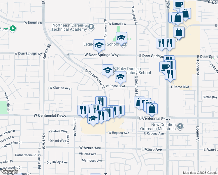map of restaurants, bars, coffee shops, grocery stores, and more near 220 Mocha Coconut Avenue in North Las Vegas