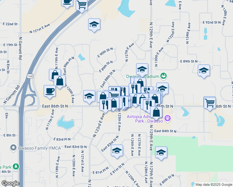 map of restaurants, bars, coffee shops, grocery stores, and more near 8700 North 125th East Avenue in Owasso