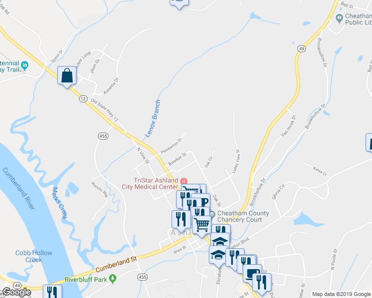 map of restaurants, bars, coffee shops, grocery stores, and more near 115 Bowker Street in Ashland City
