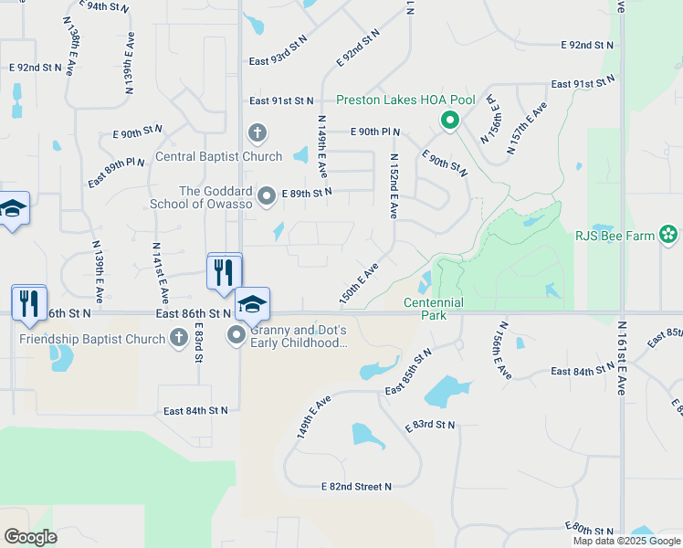 map of restaurants, bars, coffee shops, grocery stores, and more near 14901 East 87th Street North in Owasso