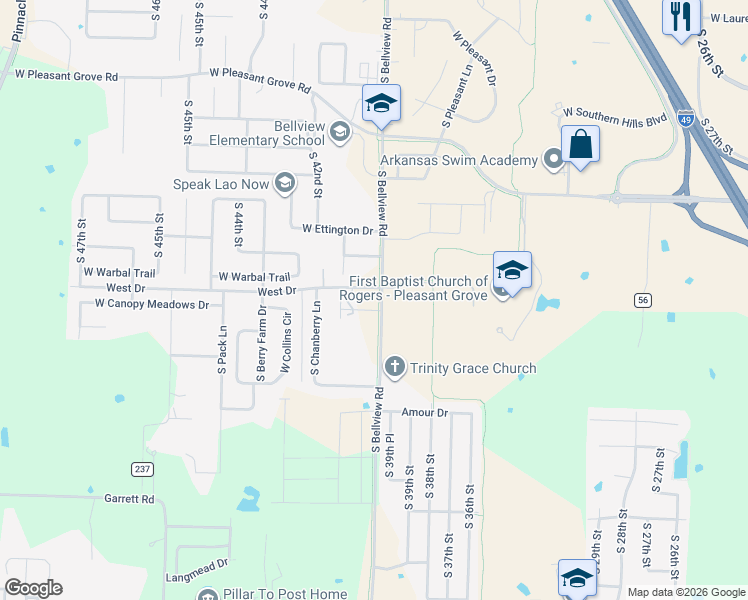 map of restaurants, bars, coffee shops, grocery stores, and more near 4062 West Drive in Rogers