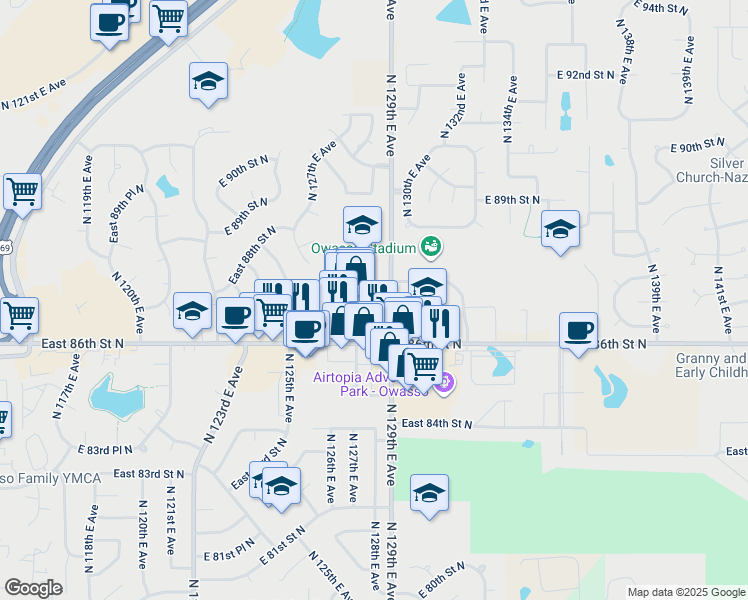 map of restaurants, bars, coffee shops, grocery stores, and more near 12807 East 86th Place North in Owasso