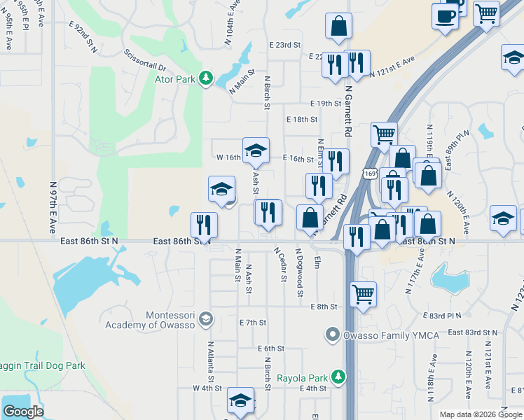 map of restaurants, bars, coffee shops, grocery stores, and more near 1401 North Birch Street in Owasso