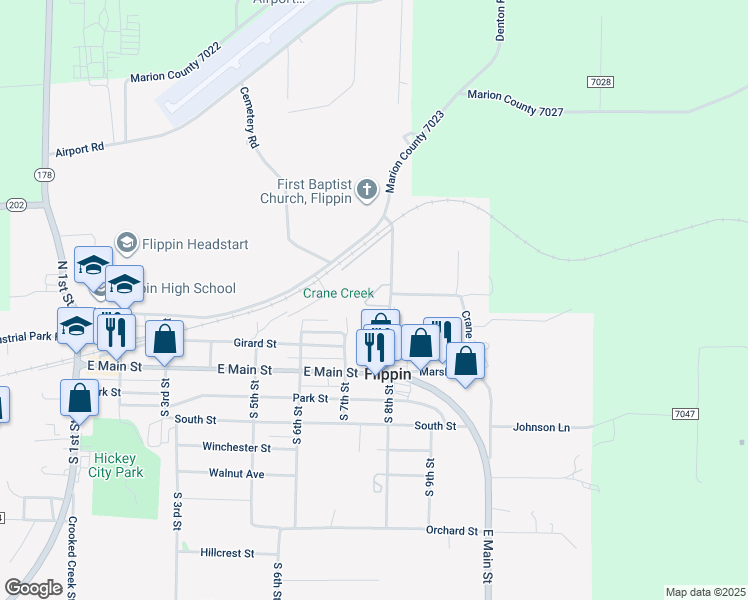 map of restaurants, bars, coffee shops, grocery stores, and more near 401 North 8th Street in Flippin
