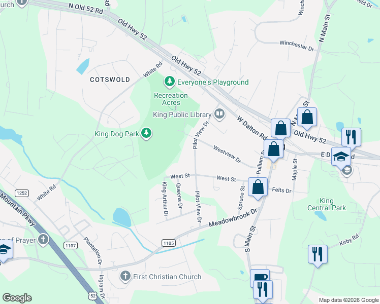 map of restaurants, bars, coffee shops, grocery stores, and more near 204 Pilot View Drive in King