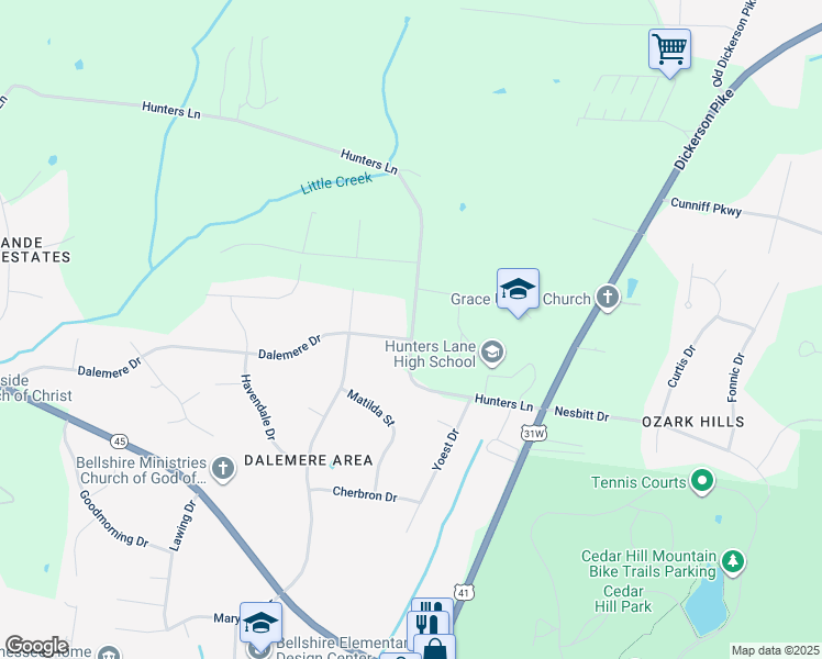 map of restaurants, bars, coffee shops, grocery stores, and more near 1186 Hunters Ln in Nashville