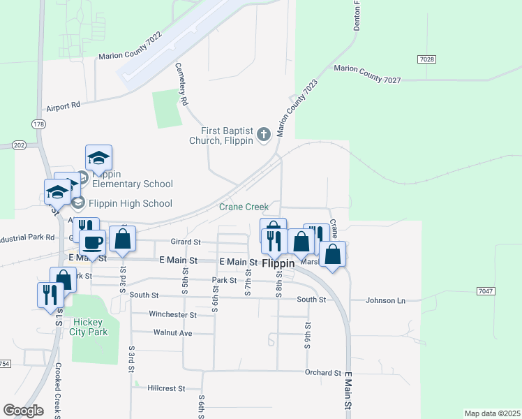 map of restaurants, bars, coffee shops, grocery stores, and more near 401 North 8th Street in Flippin