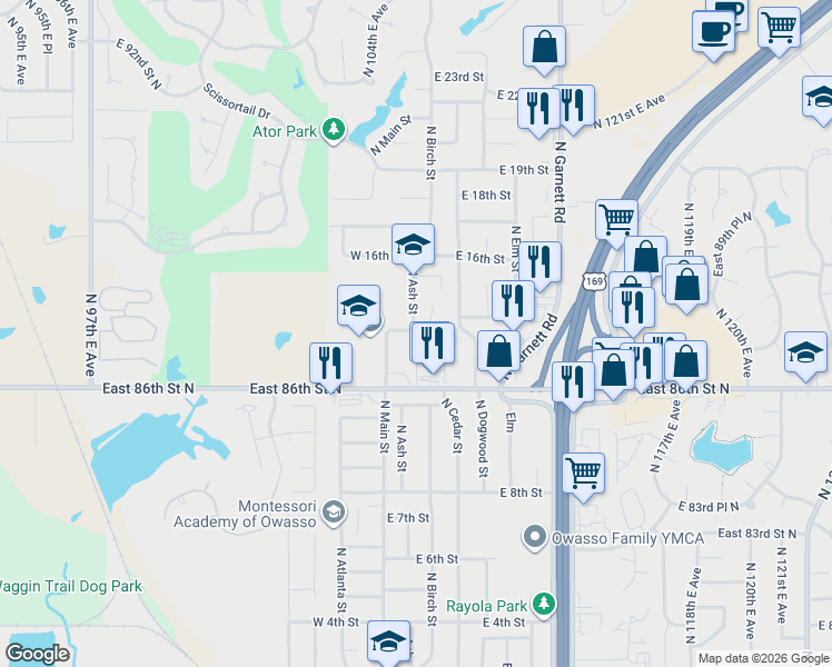 map of restaurants, bars, coffee shops, grocery stores, and more near 1401 North Birch Street in Owasso