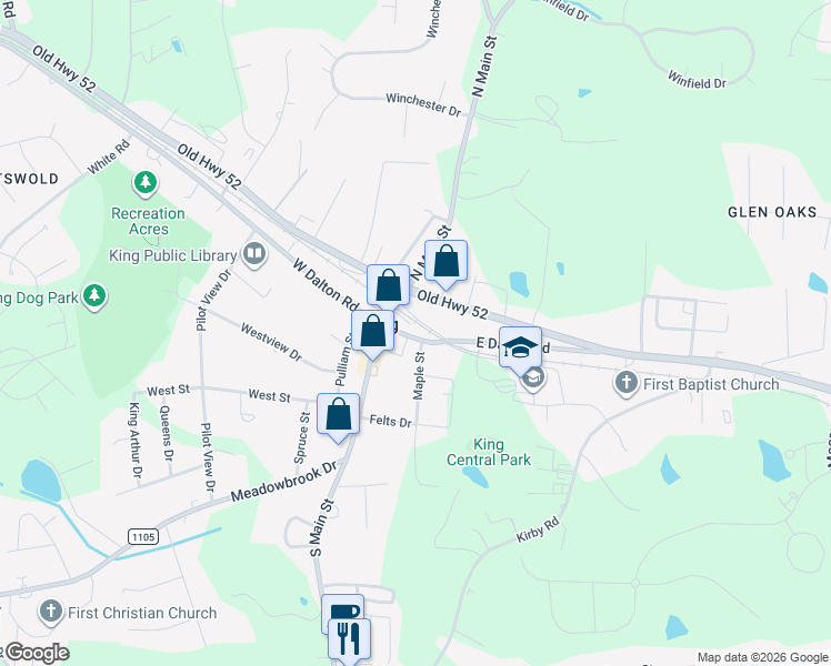 map of restaurants, bars, coffee shops, grocery stores, and more near 127 East Dalton Road in King