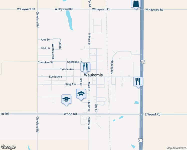 map of restaurants, bars, coffee shops, grocery stores, and more near in Waukomis