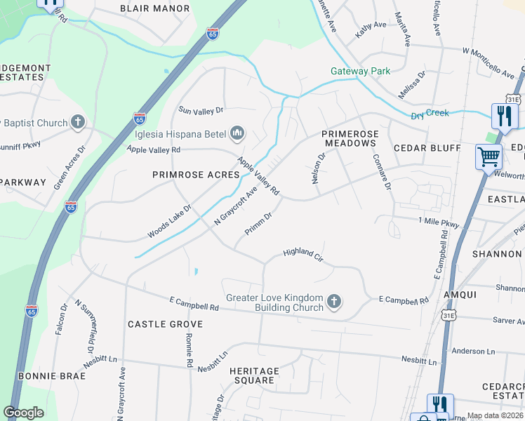 map of restaurants, bars, coffee shops, grocery stores, and more near 1019 Primm Drive in Nashville