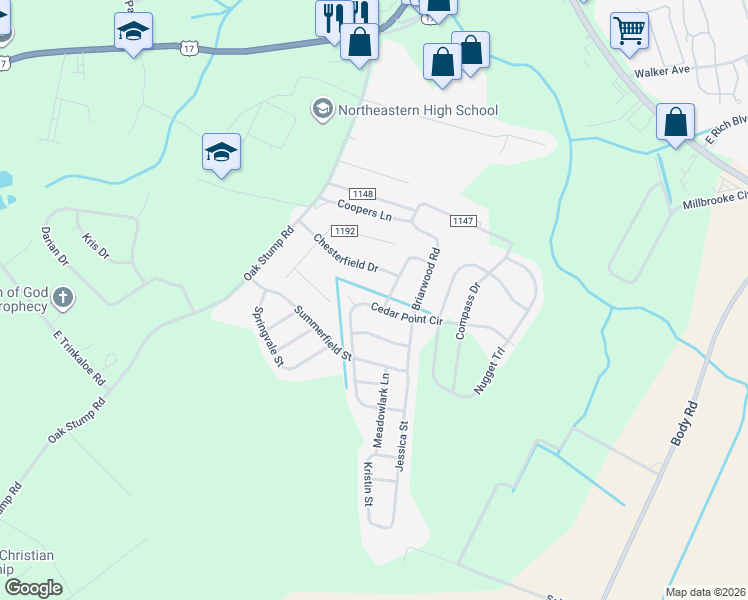map of restaurants, bars, coffee shops, grocery stores, and more near 2002 Cedar Point Circle in Elizabeth City