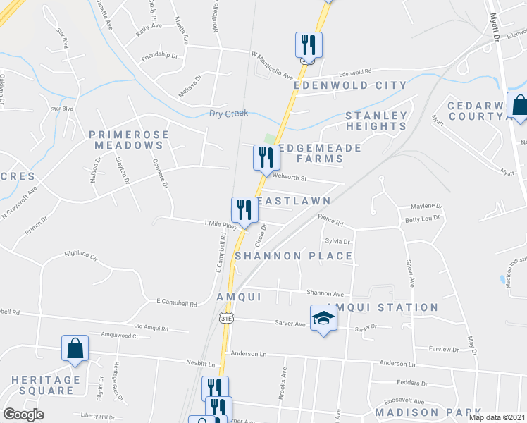map of restaurants, bars, coffee shops, grocery stores, and more near 106 Odette Street in Nashville