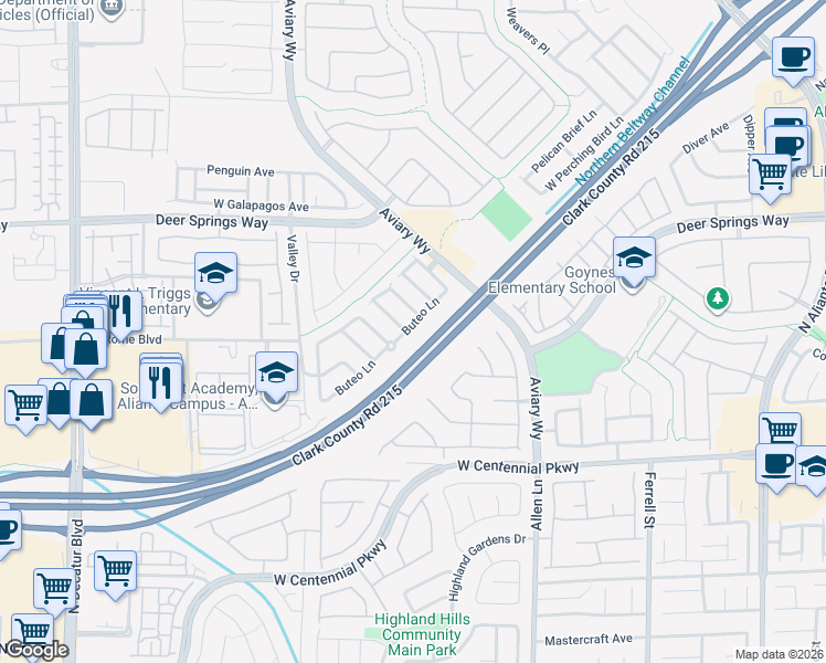 map of restaurants, bars, coffee shops, grocery stores, and more near 6629 Evening Grosbeak Place in North Las Vegas