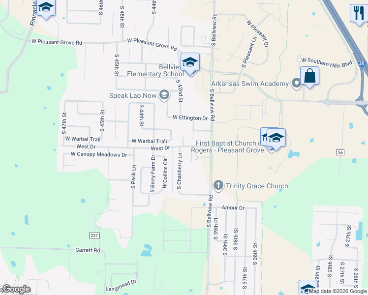 map of restaurants, bars, coffee shops, grocery stores, and more near 4177 West Drive in Rogers