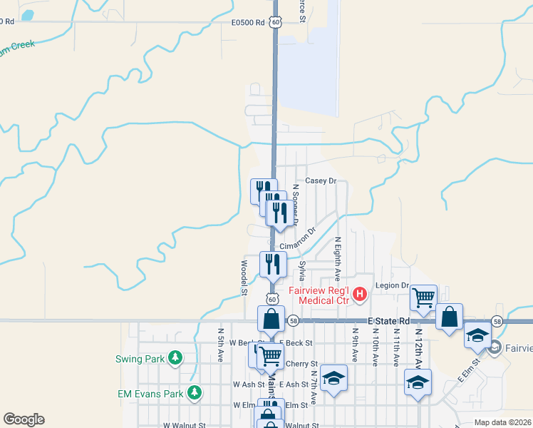 map of restaurants, bars, coffee shops, grocery stores, and more near 1188 North Main Street in Fairview