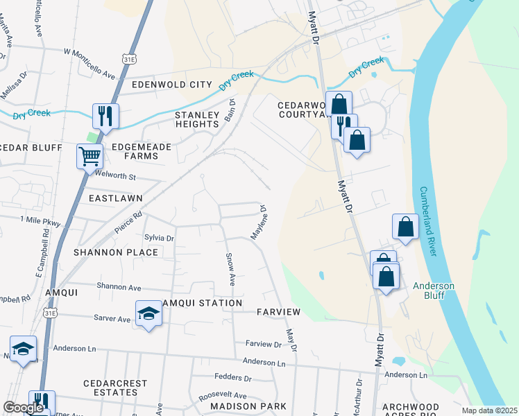 map of restaurants, bars, coffee shops, grocery stores, and more near 725 Maylene Drive in Nashville