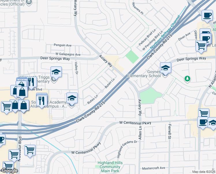map of restaurants, bars, coffee shops, grocery stores, and more near 6629 Evening Grosbeak Place in North Las Vegas