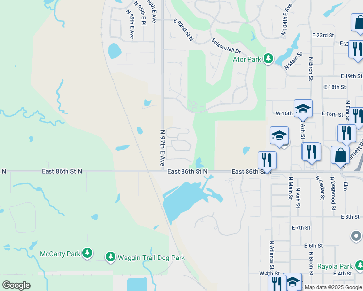 map of restaurants, bars, coffee shops, grocery stores, and more near 8751 North 97th East Avenue in Owasso