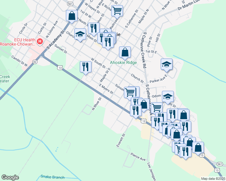 map of restaurants, bars, coffee shops, grocery stores, and more near 418 Lloyd Street in Ahoskie