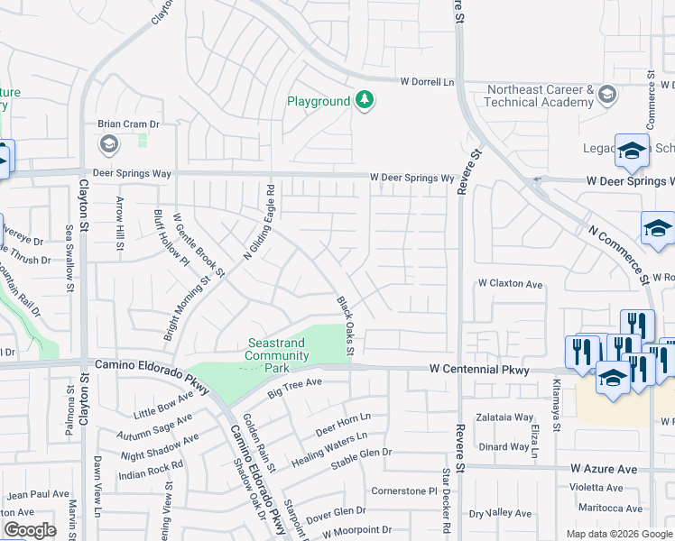 map of restaurants, bars, coffee shops, grocery stores, and more near 6631 Alder Flower Court in North Las Vegas