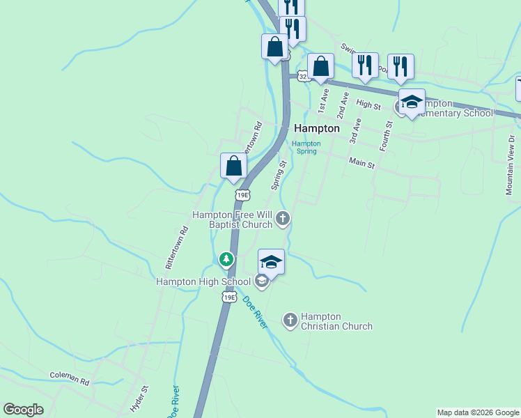 map of restaurants, bars, coffee shops, grocery stores, and more near 143 Spring Street in Hampton