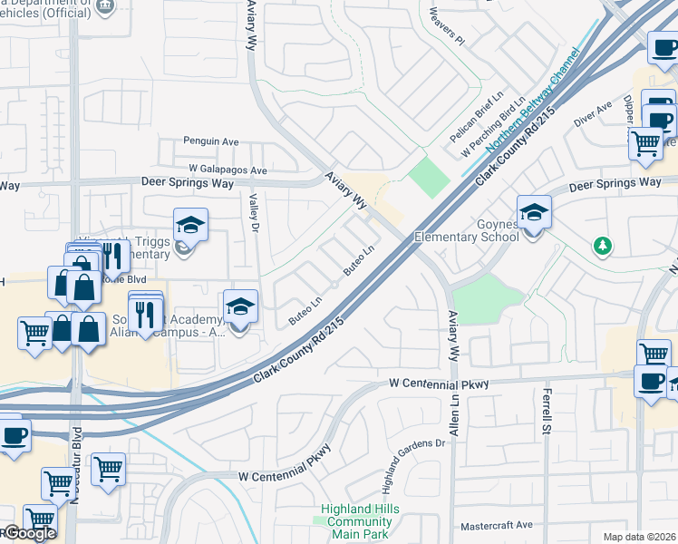 map of restaurants, bars, coffee shops, grocery stores, and more near 6629 Evening Grosbeak Place in North Las Vegas