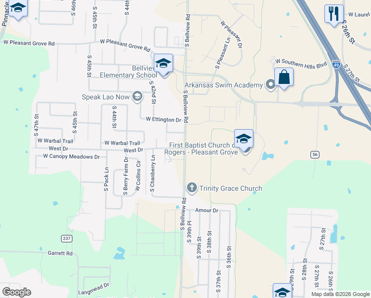 map of restaurants, bars, coffee shops, grocery stores, and more near 1499 Bellview Street in Rogers
