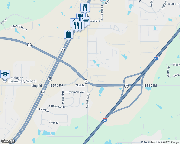 map of restaurants, bars, coffee shops, grocery stores, and more near 2550 Frederick Road in Claremore
