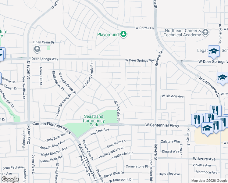 map of restaurants, bars, coffee shops, grocery stores, and more near 6631 Alder Flower Court in North Las Vegas