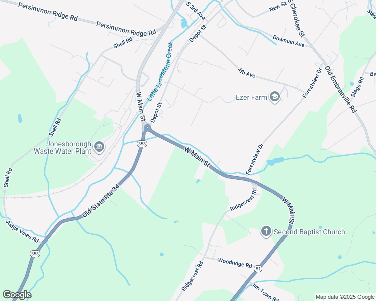 map of restaurants, bars, coffee shops, grocery stores, and more near 1530 West Main Street in Jonesborough