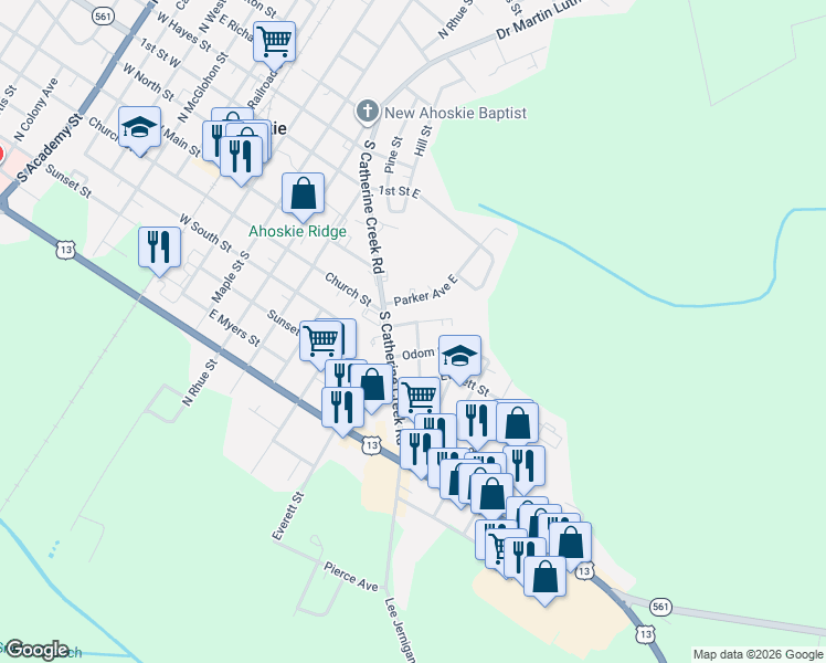map of restaurants, bars, coffee shops, grocery stores, and more near 804 Garrett St in Ahoskie