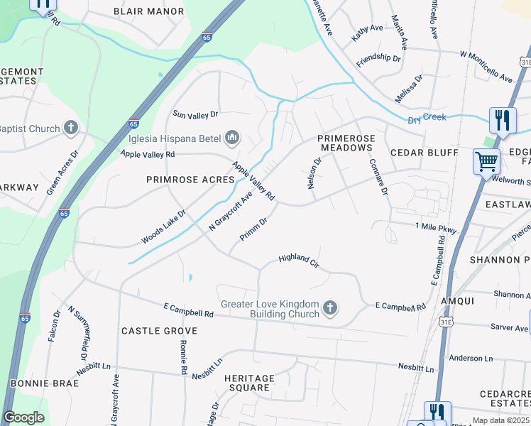 map of restaurants, bars, coffee shops, grocery stores, and more near 1019 Primm Drive in Nashville
