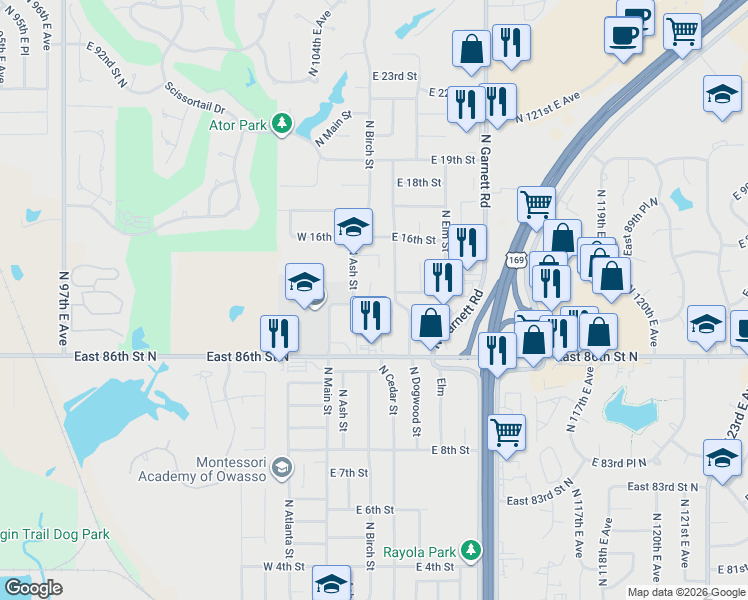 map of restaurants, bars, coffee shops, grocery stores, and more near 1401 North Birch Street in Owasso