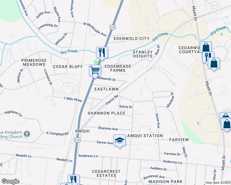 map of restaurants, bars, coffee shops, grocery stores, and more near 1390 Florence Avenue in Nashville