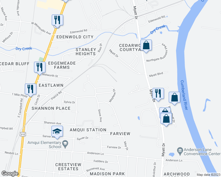 map of restaurants, bars, coffee shops, grocery stores, and more near 725 Maylene Drive in Nashville