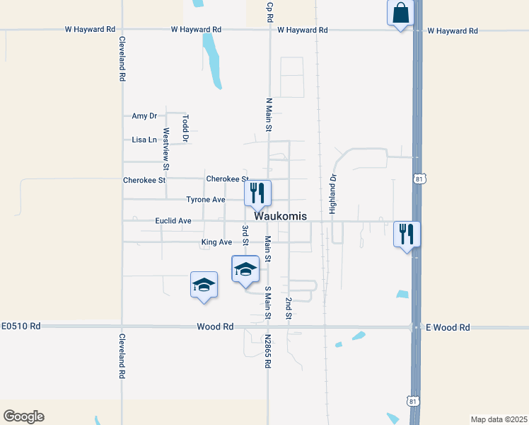 map of restaurants, bars, coffee shops, grocery stores, and more near 108 Main Street in Waukomis