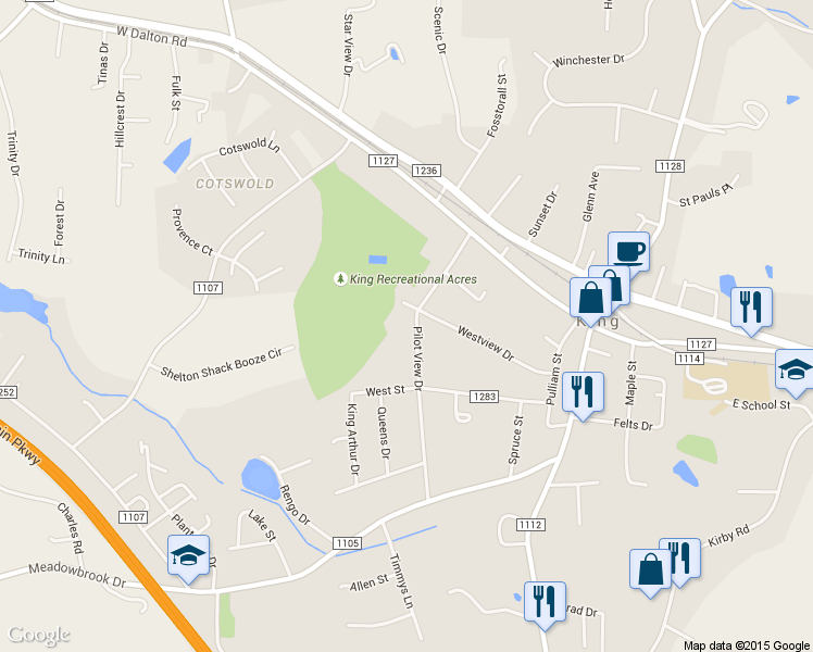 map of restaurants, bars, coffee shops, grocery stores, and more near 204 Pilot View Drive in King