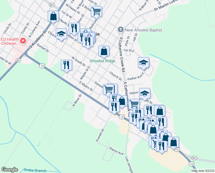 map of restaurants, bars, coffee shops, grocery stores, and more near 503 Sunset Street in Ahoskie