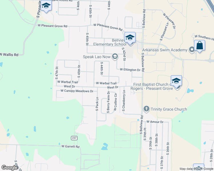 map of restaurants, bars, coffee shops, grocery stores, and more near 4302 West Warbal Trail in Rogers