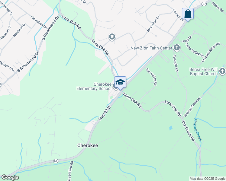 map of restaurants, bars, coffee shops, grocery stores, and more near 2100 Cherokee Road in Johnson City