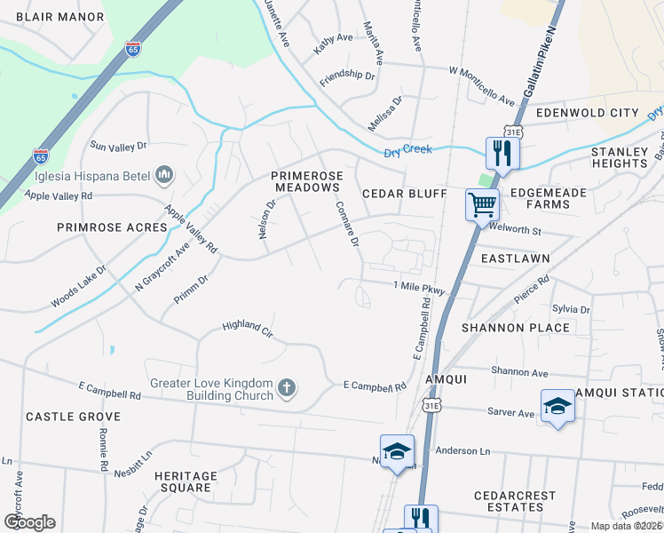 map of restaurants, bars, coffee shops, grocery stores, and more near 320 Slayton Drive in Nashville