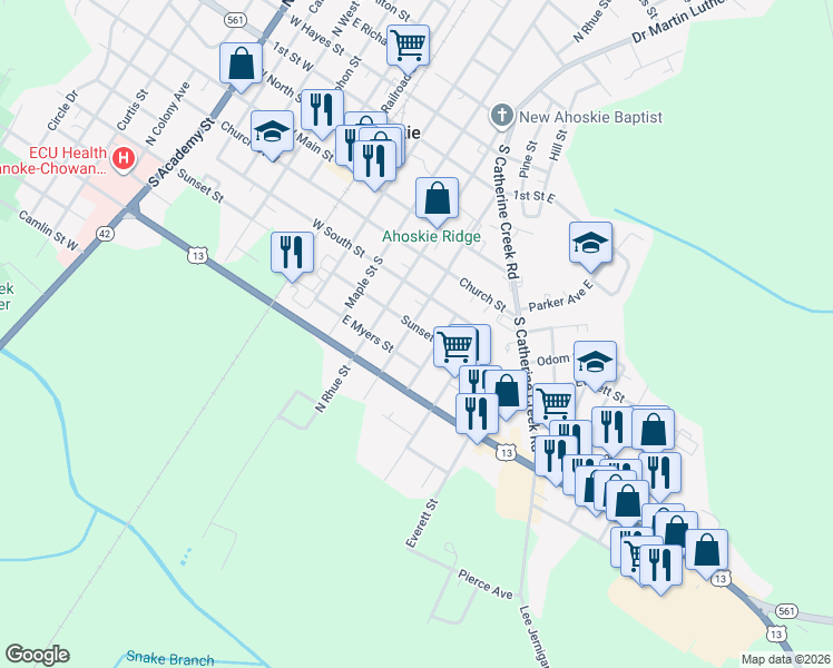 map of restaurants, bars, coffee shops, grocery stores, and more near 503 Sunset Street in Ahoskie