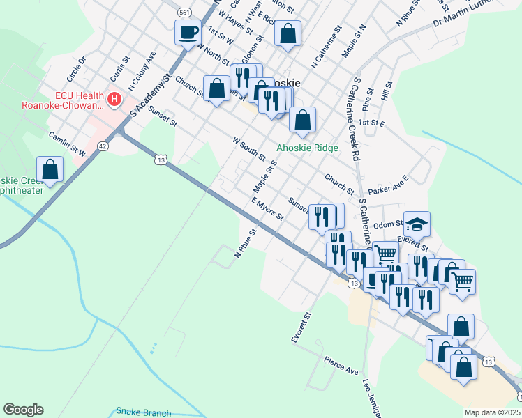 map of restaurants, bars, coffee shops, grocery stores, and more near 317 East Myers Street in Ahoskie